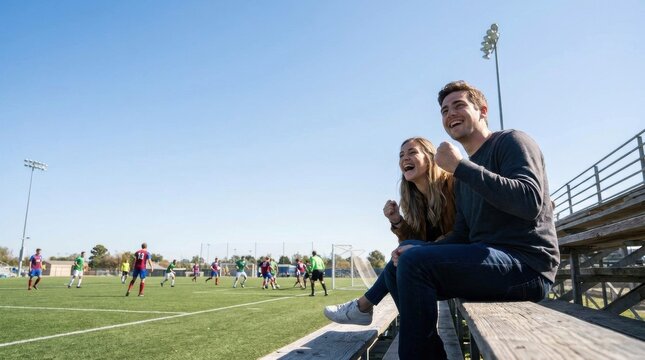 Young couple cheering on bleachers while watching a soccer match on a sunny day for sports event banner and fan background