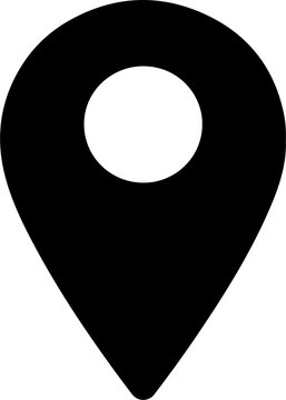 The image features a classic, isolated location pin icon designed in a bold, solid black silhouette style. The icon displays a traditional teardrop shape that tapers down to a sharp p