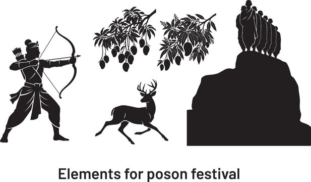 Sri Lankan Poson Festival Elements Silhouette Set Featuring King Devanampiyatissa, Arahat Mahinda Thero, Deer, Mango Branch and Mihintale Rock Vector Illustration