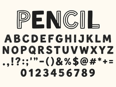 A black pencil font typography set on a beige background with letters, numbers, and symbols