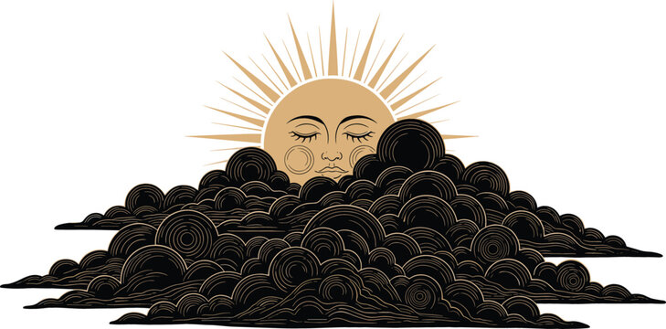 Mystical Celestial Sun Face with Sleeping Eyes Rising Behind Vintage Engraved Dark Clouds for Astrology Tarot and Boho Graphic Designs Vector Illustration