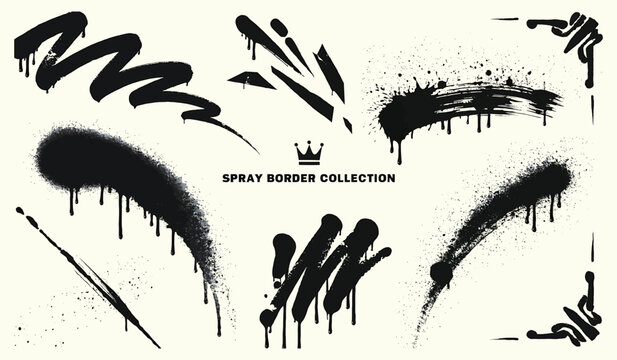 Set of black graffiti spray paint borders and drip elements for urban street art style graphic design