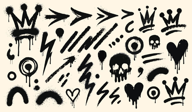 Comprehensive collection of black graffiti spray paint symbols and icons including crowns skulls and hearts