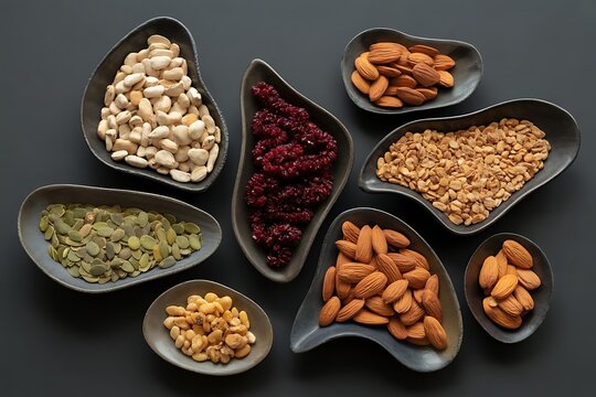 Assorted nuts and dried fruits in gray leaf shaped bowls on dark surface