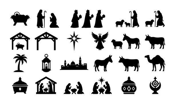 Christian Nativity Silhouette Icon Set Editable Holy Night Vector Collection
