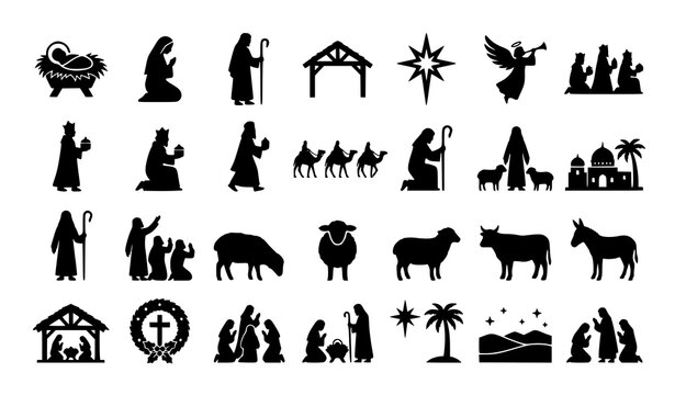 Nativity Christmas Silhouette Icons Collection Editable Christian Vector Set