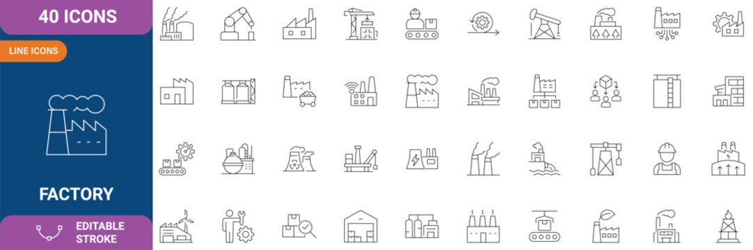 Factory icon set. Containing industry, production, machine, manufacture, warehouse, fabrication, goods and etc. line Icon Collection. Vector illustration. Editable stroke