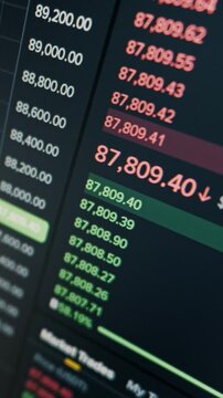 Digital screen displays a live financial trading order book with fluctuating green and red numbers. The shallow depth of field focuses on the real-time price changes, highlighting market volatility.