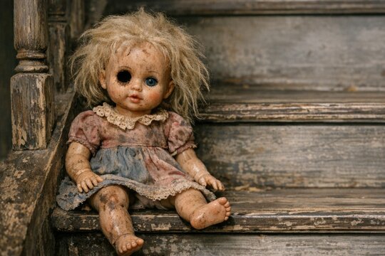 A doll sits at the top of a staircase, looking down
