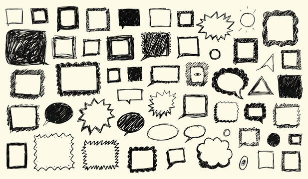 Collection of hand drawn square frames and speech bubbles in sketchy doodle style for creative design projects isolated on beige background vector illustration set