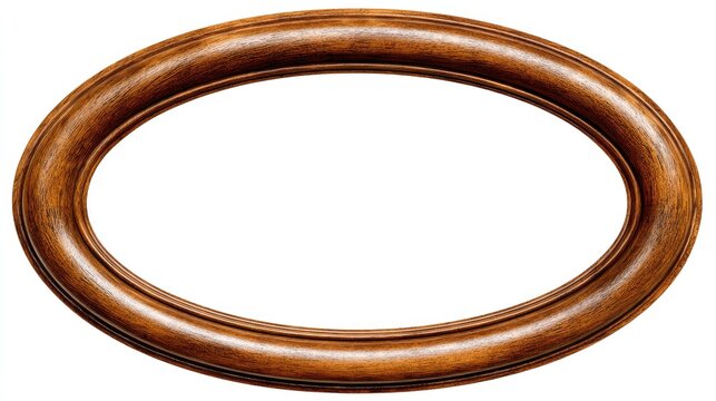 Empty oval wooden picture frame isolated on white background.
