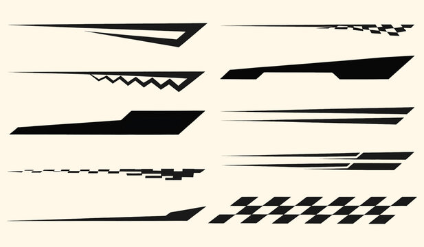 Collection of black racing car vinyl decals and geometric speed stripes for automotive styling and sports design graphics on a clean background