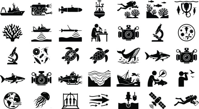 Marine research and ocean exploration glyph icon set
