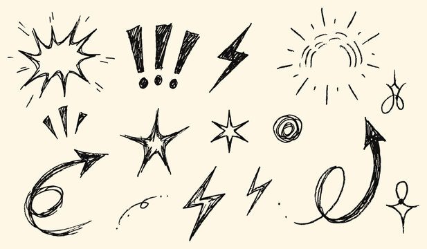Hand drawn doodle set of arrows and comic starbursts for graphic design emphasis