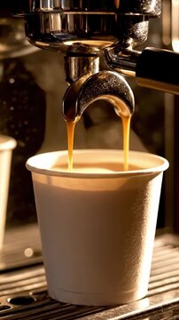 Detailed Close Up Of Espresso Machine Preparing Fresh Coffee Into A Paper Cup Quick Takeaway Brewing