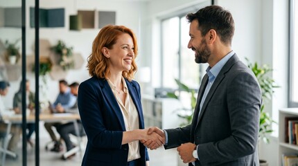 Fototapeta premium Successful business agreement handshake between ginger redhead corporate woman and male manager in modern office
