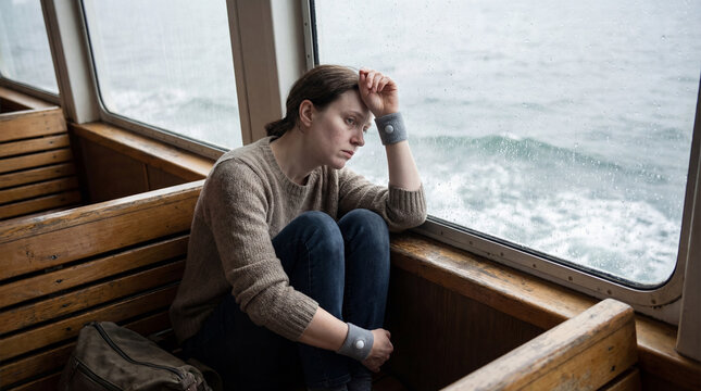 Woman sits alone by rainy ferry window with wristbands looking seasick over rough water showing travel anxiety motion discomfort for maritime passenger wellness content service marketing
