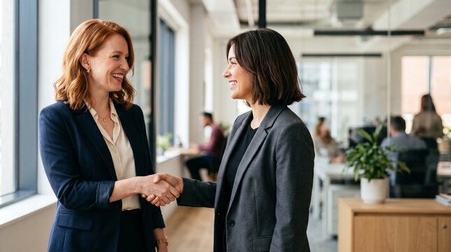 Two diverse smiling businesswomen handshake in modern office, successful partnership agreement, corporate hiring, collaboration team building