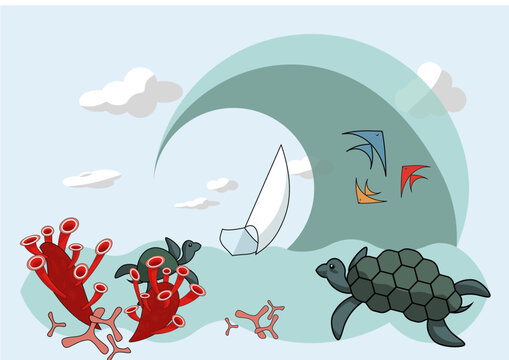 Simple vector nautical landscape with sailing boat, coral reef and sea animals