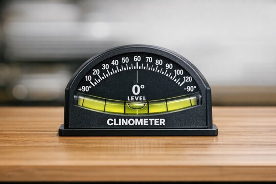 A close-up view of a clinometer on a table, used for measuring angles and elevation