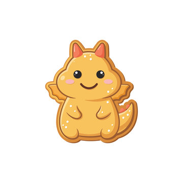 Cute yellow dragon cookie character isolated on white background, for kids party, concept and sweet bakery