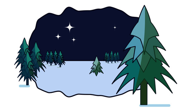 Simple vector winter night landscape with spruces 