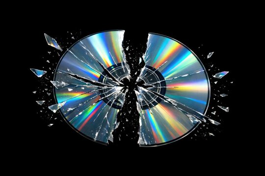 A cracked and broken compact disc sits on a dark, flat surface