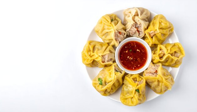 Steamed Meat Dumplings with Spicy Chili Dipping Sauce on White Plate