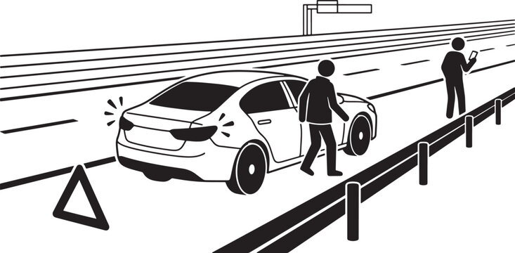 Car accident scene with pedestrians black and white silhouette illustration