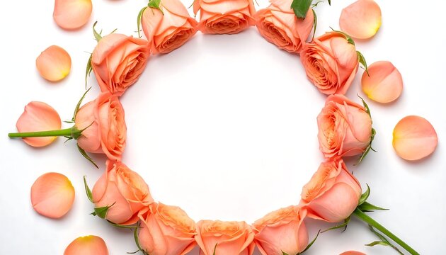 Beautiful Peach Rose Wreath Frame on White Background