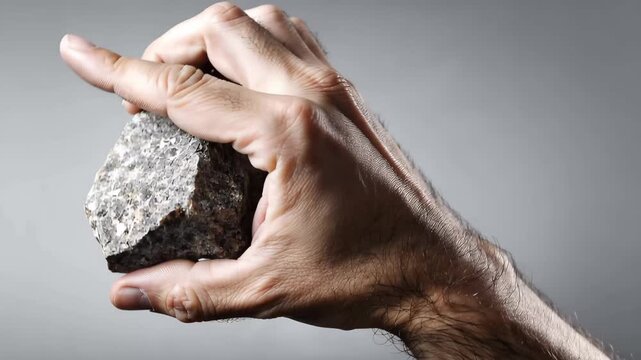 Hand showing rock on gesture, A hand grips a rock, emphasizing its rough surface and weight