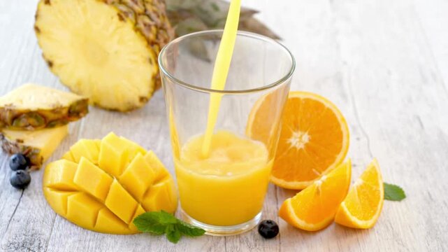 pineapple mango orange tropical fruit juice fresh beverage smoothie cocktail summer healthy drink citrus sweet juicy cold refreshing vitamin exotic yellow splash glass breakfast orga