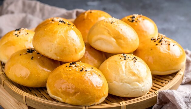Freshly Baked Golden Dinner Rolls with Sesame Seeds in Wicker Basket