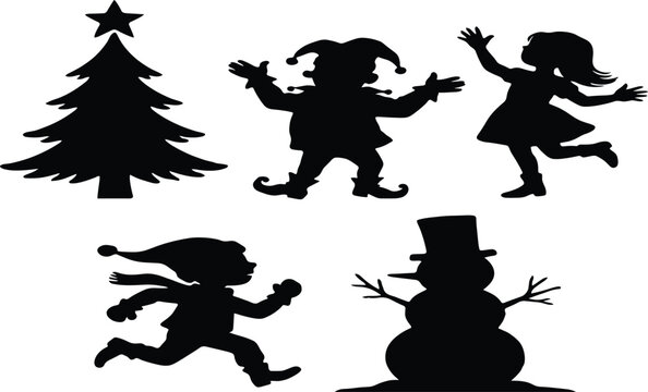 Christmas tree elf girl snowman jester silhouettes