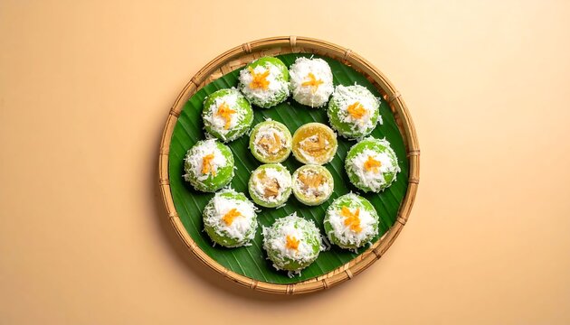 Traditional Steamed Coconut Rice Cakes on Banana Leaf Tray