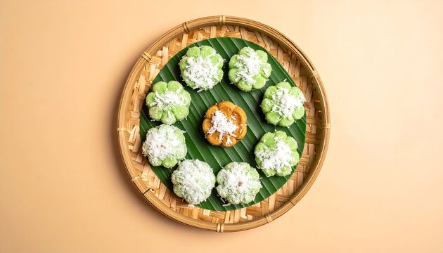Traditional Steamed Rice Cakes with Grated Coconut on Banana Leaf