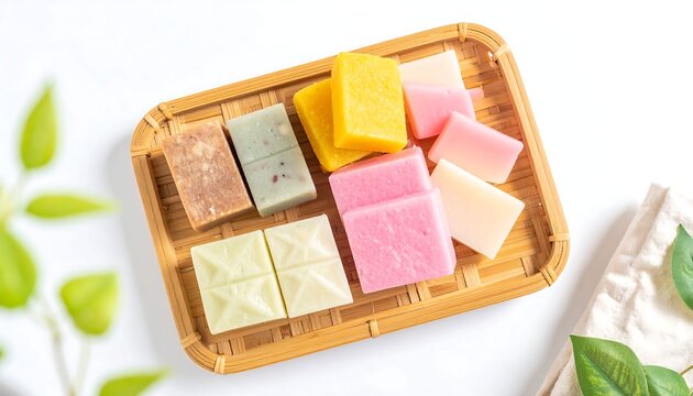 Assorted Handmade Organic Soap Bars on Bamboo Tray