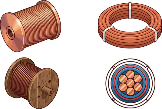 Copper Wire Spool Icon Set with Electric Cable Coil, Wooden Reel, and Wire Cross Section Core for Electrical Power Industry Designs