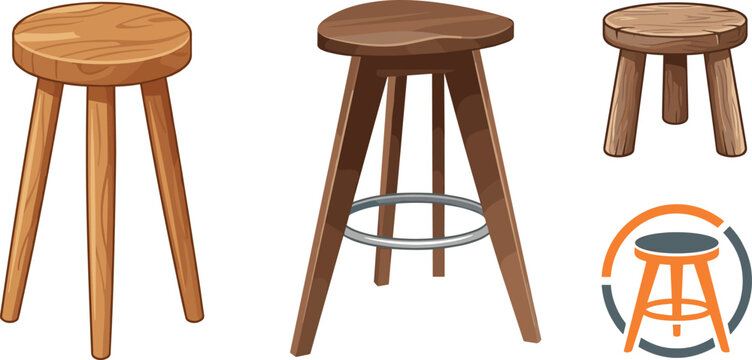 Wooden Stool and Bar Chair Icon Set with Rustic Three Legged Seats and Modern Logo for Interior Furniture Branding Designs