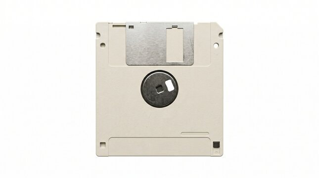Close up of a vintage 3.5 inch floppy disk drive magnetic media storage device on a white background