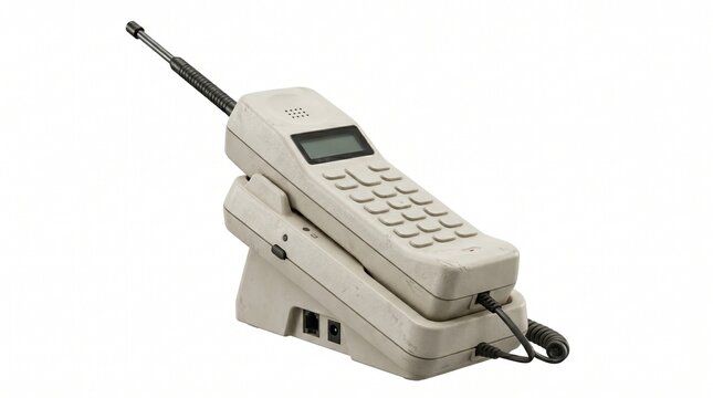 Vintage mobile phone with extendable antenna and charging base on a white background