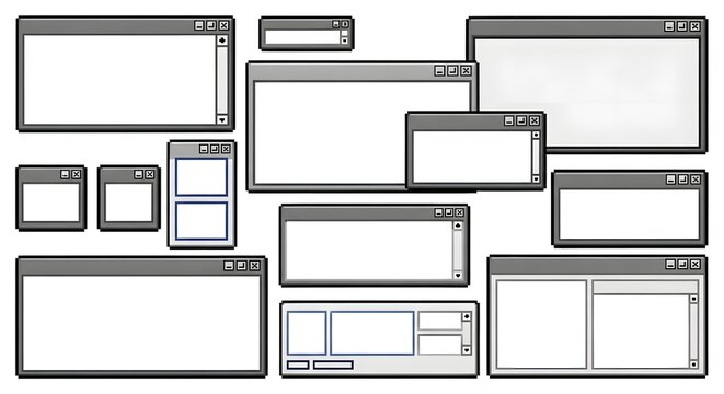 Retro computer window frame set, classic operating system user interface elements, vintage software blank dialog boxes, vector illustration