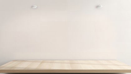 Fototapeta premium A light-colored wooden table against a plain white wall with two small white objects mounted on the wall above it
