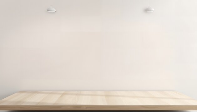 A light-colored wooden table against a plain white wall with two small white objects mounted on the wall above it