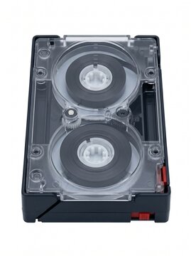 Mini DV Cassette Tape for Digital Video Recording with Clear Plastic Casing and Visible Reels