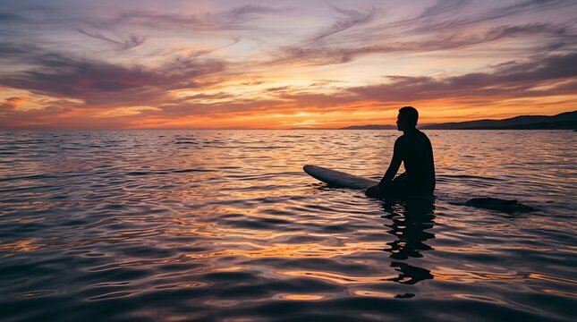 Surfer Sitting on Surfboard in Ocean at Sunset Silhouette