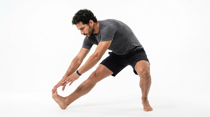Fototapeta premium Man stretching hamstrings and inner thighs in a wide legged forward bend with arms reaching towards feet
