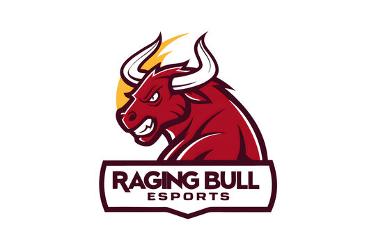 Raging bull esports mascot logo angry bull head with horns and text.