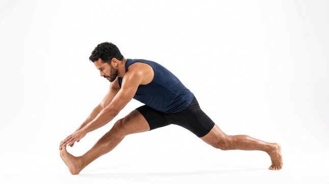 Man stretching hamstrings in a wide leg forward fold pose on a white background