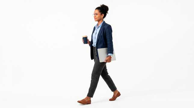Professional woman in business attire walking with laptop and coffee cup on white background